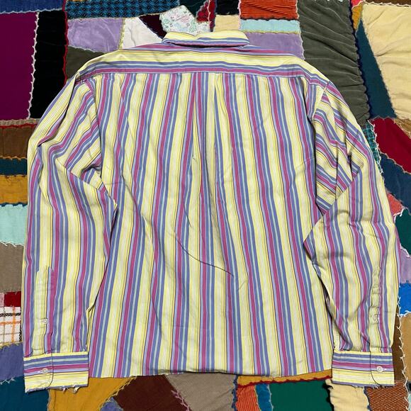 Polo Ralph Lauren Cropped Distressed Bright Yellow/Pink Button Up Large - Picture 2 of 6